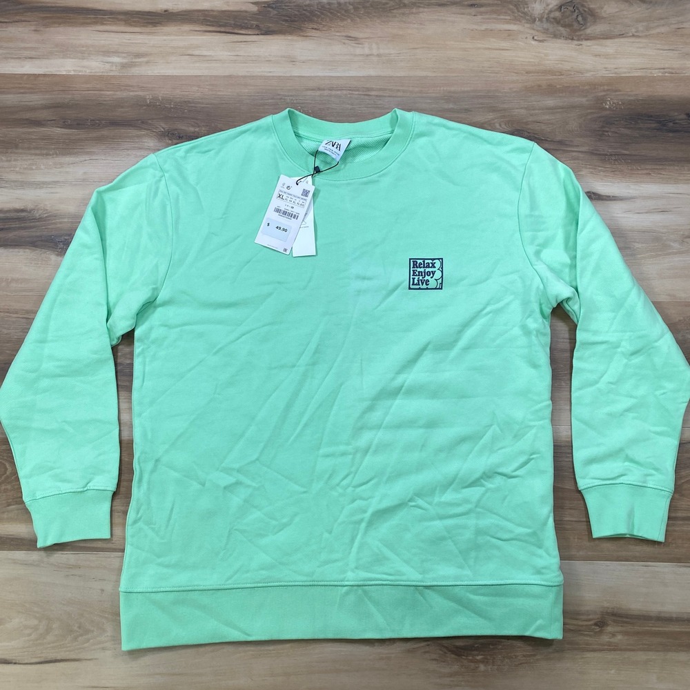 Zara Sweatshirt Mens XL Streetwear Cotton Relaxed Fit Mint Green New With Tags - Picture 3 of 8